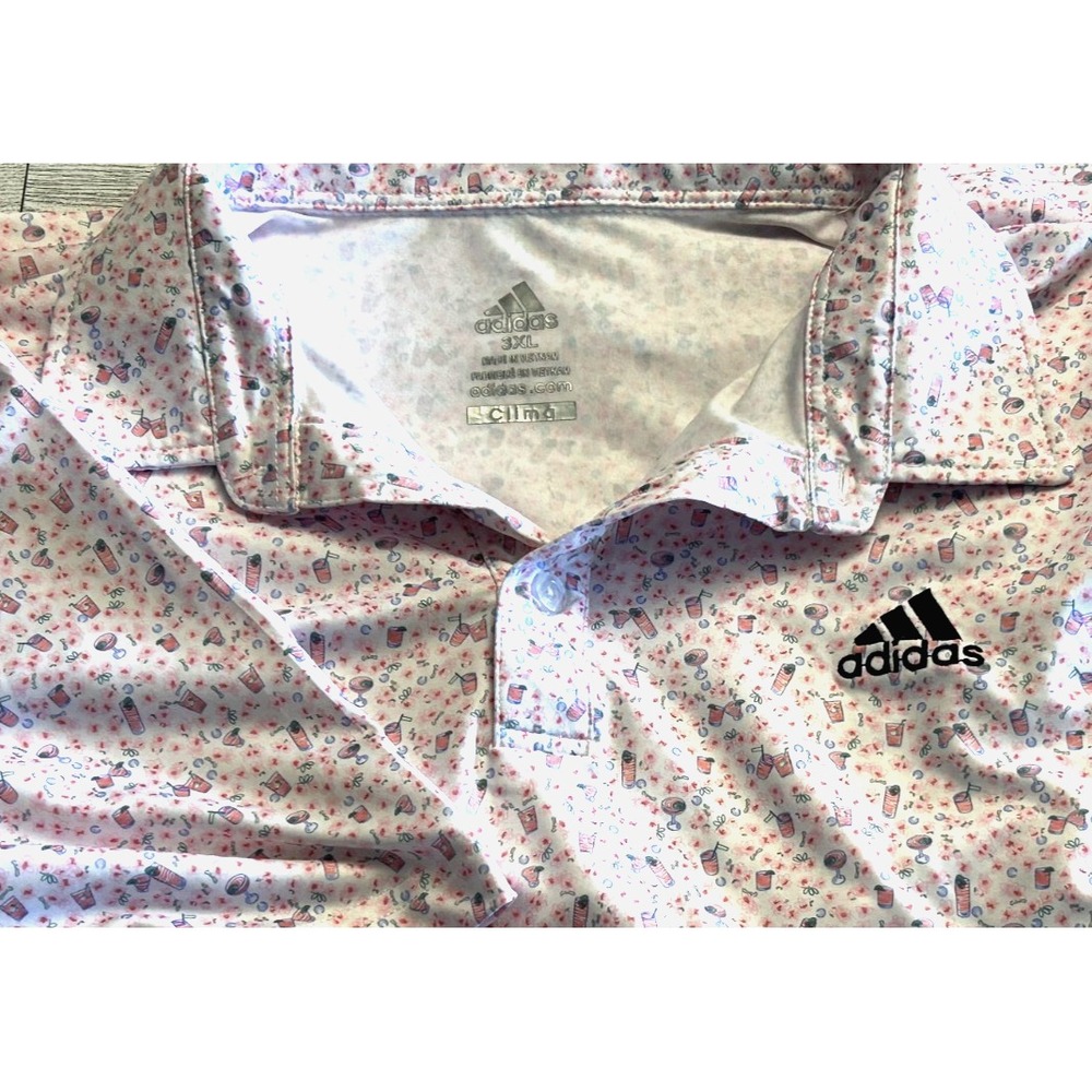 Adidas Polo Clima Shirt Mens Golf All Over Print‎ White With Pink Cocktails 3XL